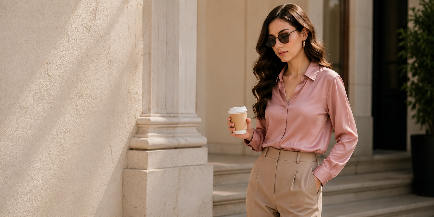 Woman in a pink shirt and beige pants holding a coffee cup, standing in front of classical architecture.